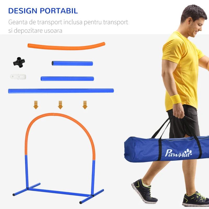 PawHut Echipament de Agilitate pentru Câini, Set Portabil din 4 Piese pentru Antrenament, 95x88x64 cm, Albastru