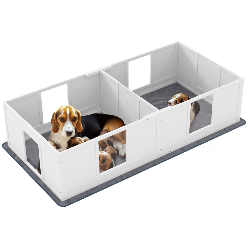 PawHut Two Room Design Whelping Box for Dogs with Whelping Pad Clear Panels Adjustable Entrance for Medium Dogs 196 x 96cm Aosom UK