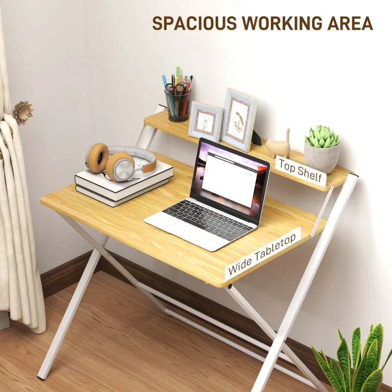HOMCOM Birou Pliabil pentru Spații Mici, Birou Pliabil pentru Computer cu Raft de Depozitare, 86x66x82 cm, Lemn Natural