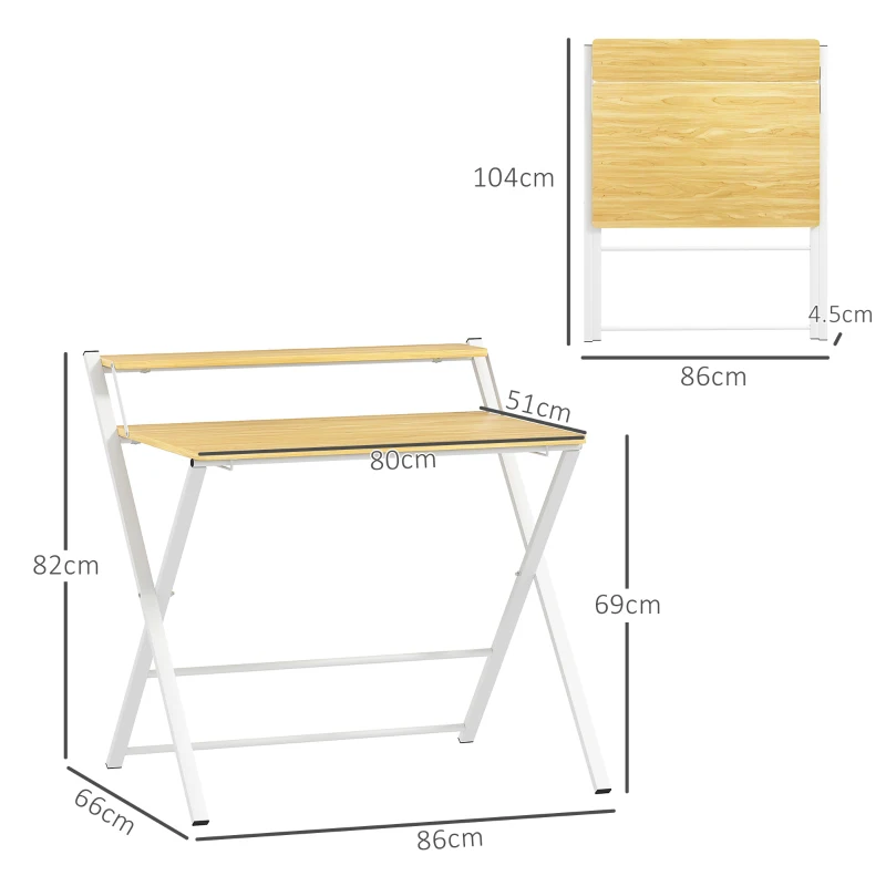 HOMCOM Birou Pliabil pentru Spații Mici, Birou Pliabil pentru Computer cu Raft de Depozitare, 86x66x82 cm, Lemn Natural