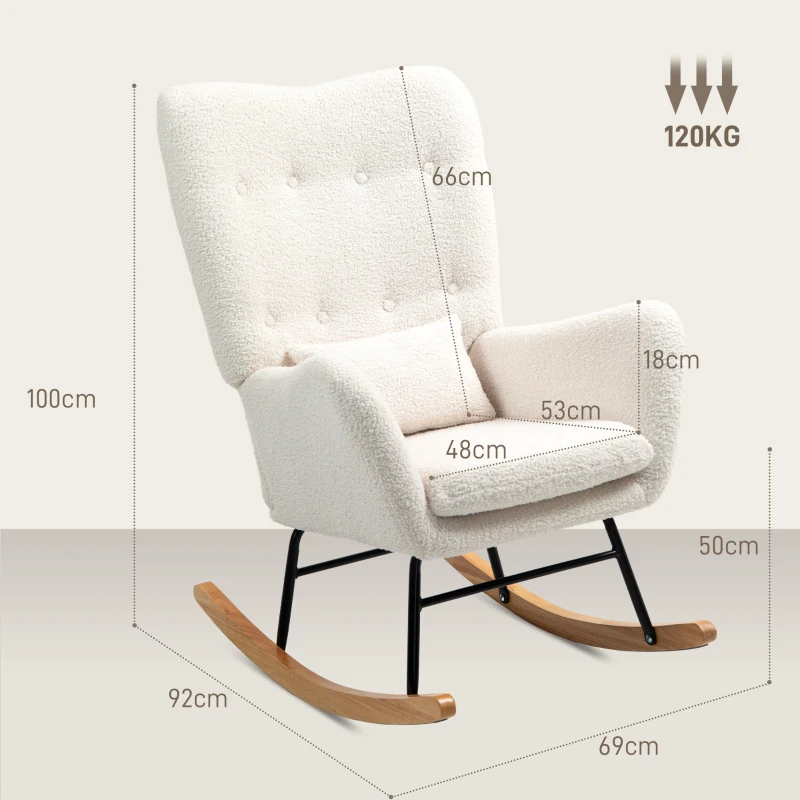 HOMCOM Schommelstoel met knusse bekleding, dikke kussens, lendenkussen, anti-slip, Crèmewit(m-3)