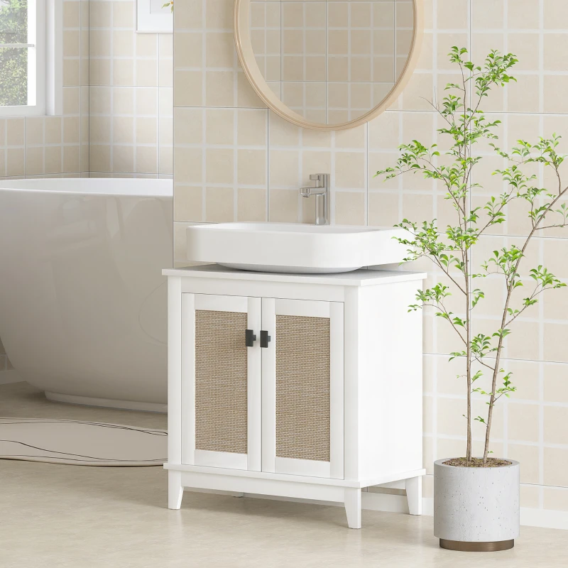 HOMCOM Móvel para Lavatório Pousar com 2 Portas de Vime PE 2 Prateleiras e Sistema Anti-Tombo para Casa de Banho 60x30x30 cm Branco