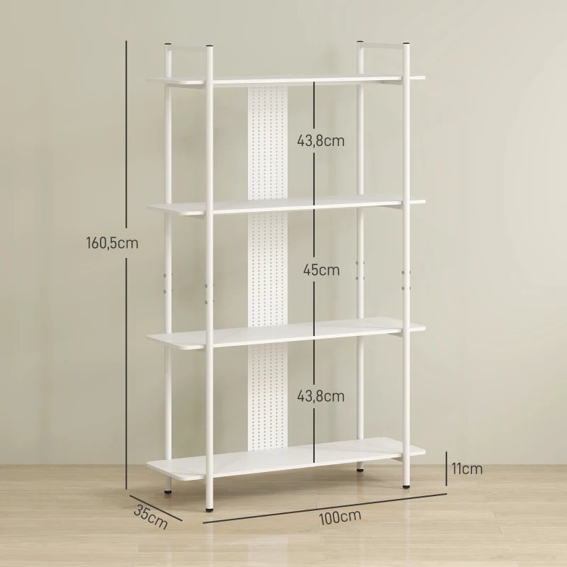 HOMCOM Estante de 4 Níveis Estante para Livros com Painel Perfurado e Estrutura Metálica 100x35x160,5 cm Branco