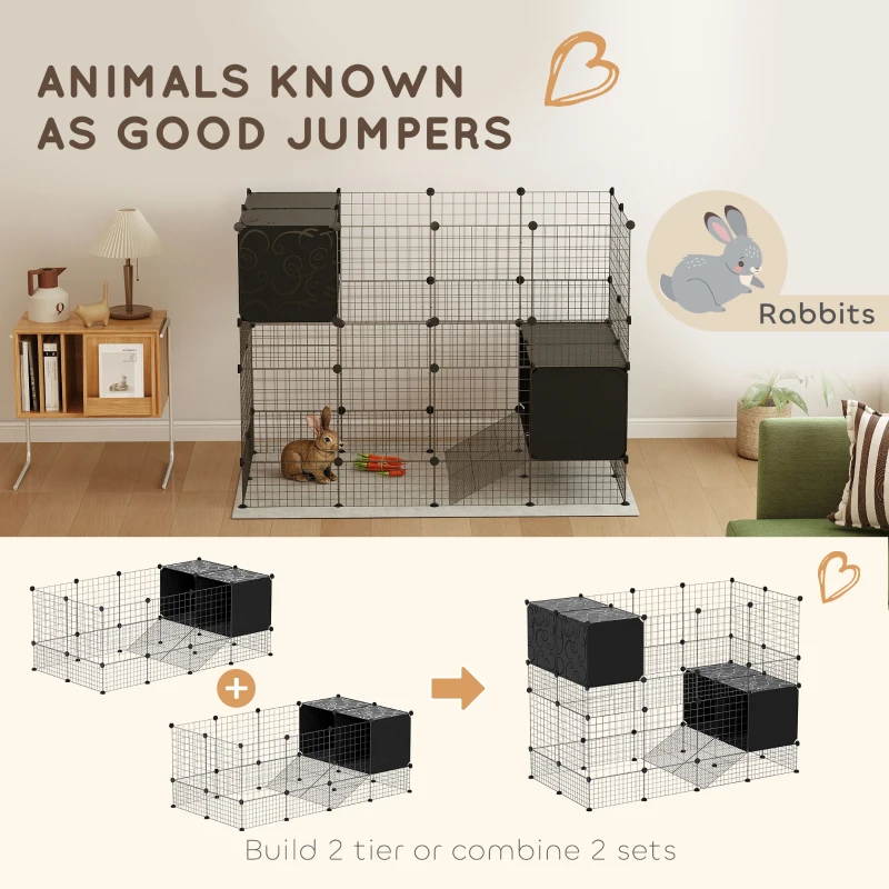 PawHut Cușcă Modulară pentru Animale Mici cu 2 Căsuțe Ridicate, Țarc cu 31 de Panouri, 140x70x52 cm, Negru