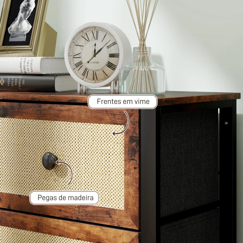 HOMCOM Cómoda para Dormitório Cómoda de Tecido com 6 Gavetas Dobráveis com Frentes de Vime 88x30x83 cm Marrom Rústico