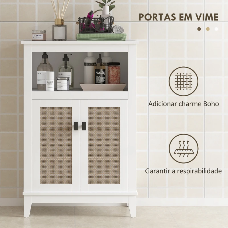 HOMCOM Armário Casa de Banho com 2 Portas em Vime Prateleira Ajustável e Compartimento Aberto 60x30x90 cm Branco