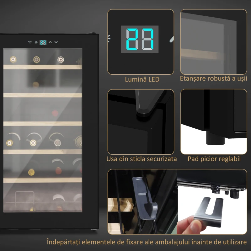 HOMCOM Frigider de Vinuri pentru 24 de Sticle de Sine Statator cu Usa de Sticla Frigider de 65 de litri cu o Singura Zona de Racire a Vinurilor cu Comenzi Digitale cu Ecran Tactil si Lumina LED Negru