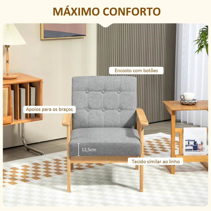 HOMCOM Poltrona Sala de Estar Estofada em Linho com Apoio para os Braços e Estrutura de Madeira de Borracha 64x75x76 cm Cinza Claro