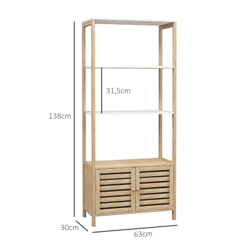 HOMCOM Estante para Casa de Banho de Bambu com 3 Prateleiras Abertas Estante de Arrumação Casa de Banho com Portas Ripadas 63x30x138 cm Madeira e Branco