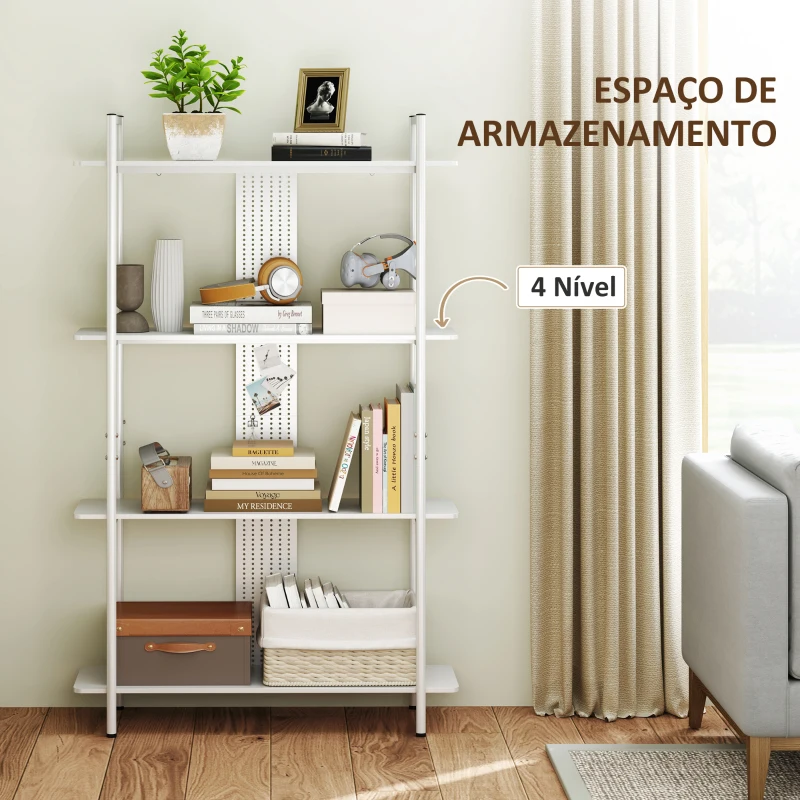 HOMCOM Estante de 4 Níveis Estante para Livros com Painel Perfurado e Estrutura Metálica 100x35x160,5 cm Branco