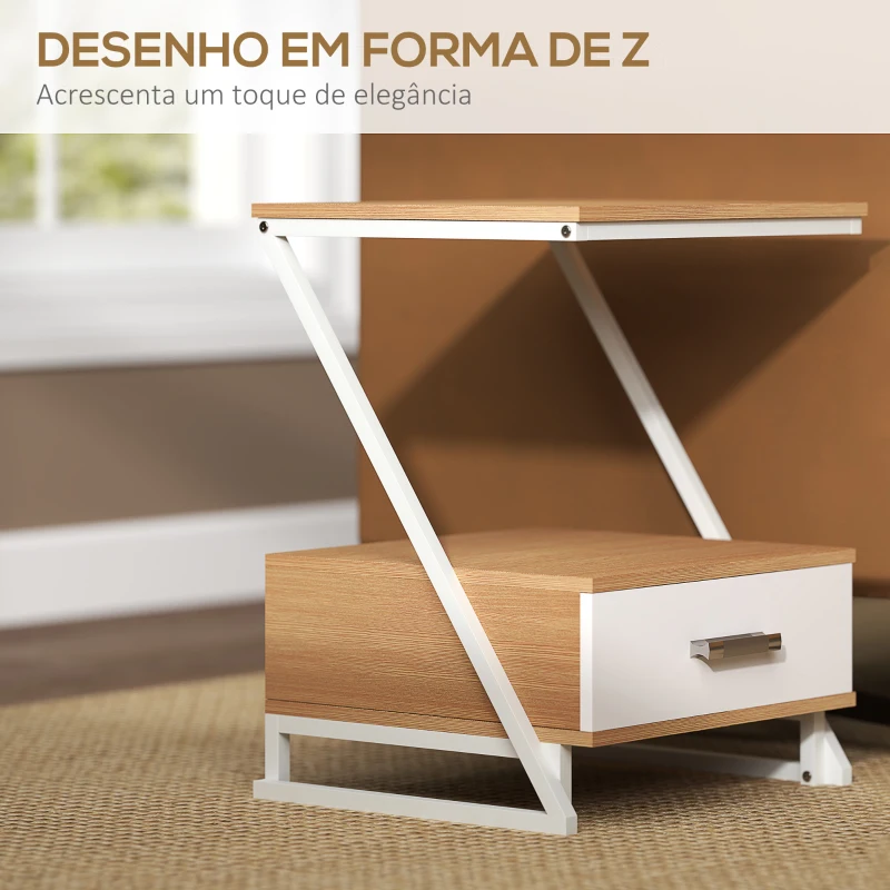 HOMCOM Conjunto de 2 Mesas Cabeceira Mesas Auxiliares em Forma de Z com Gaveta e Compartimento 40x35x50 cm Madeira e Branco