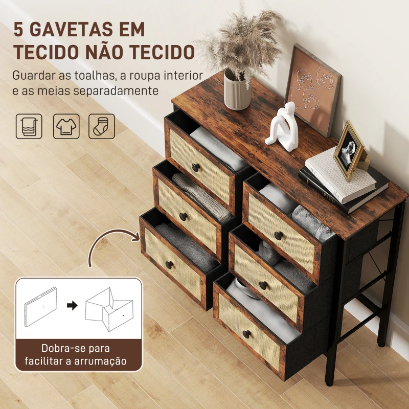 HOMCOM Cómoda para Dormitório Cómoda de Tecido com 6 Gavetas Dobráveis com Frentes de Vime 88x30x83 cm Marrom Rústico