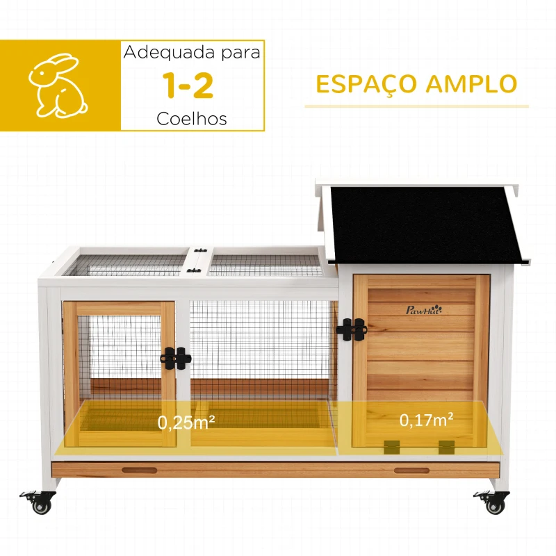 PawHut Coelheira de Madeira com Rodas para 1-2 Coelhos com Teto Abatível Bandeja Amovível 108x58x73,5 cm Madeira e Branco
