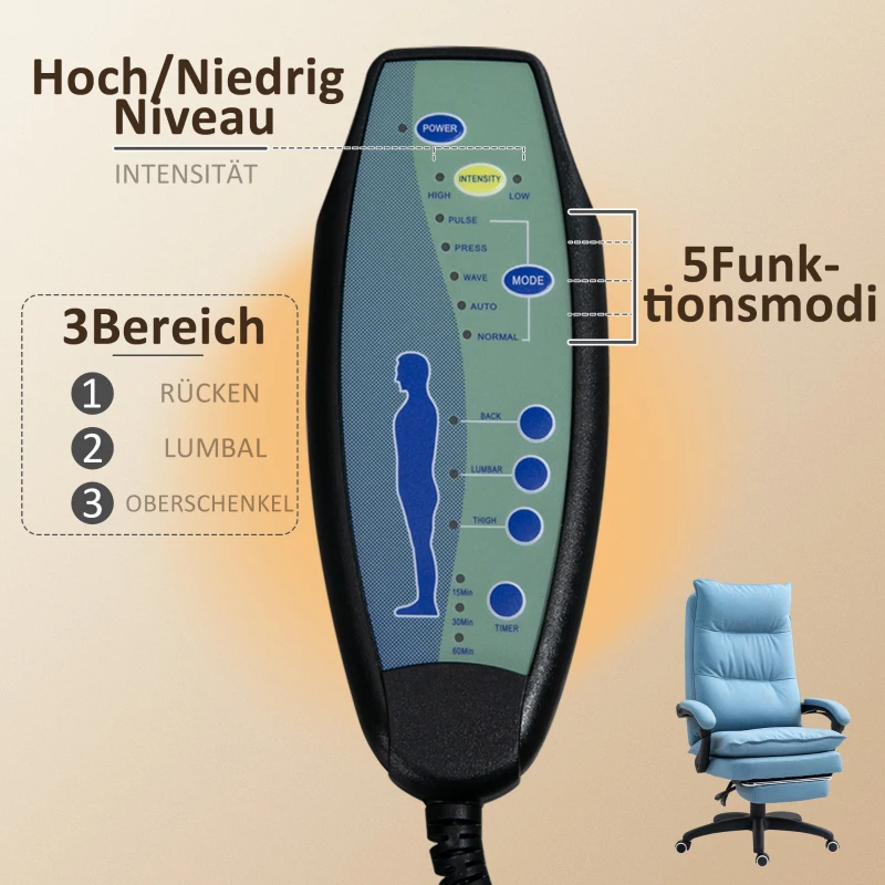 Vinsetto Massage Bureaustoel, Ergonomische Bureaustoel met Massagefunctie, Hoogteverstelbaar, Draaibaar, Nylon, Blauw