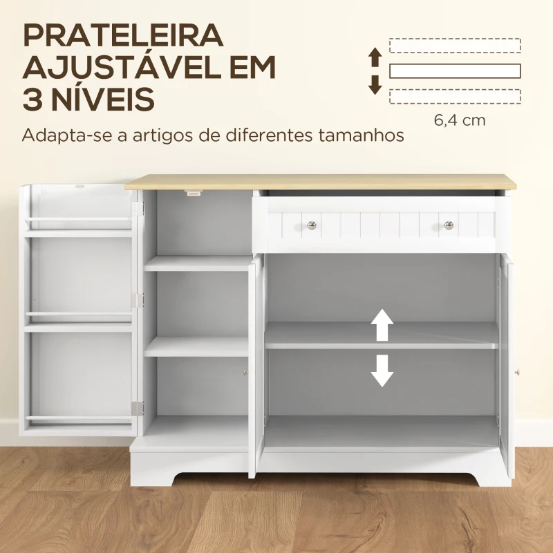 HOMCOM Aparador de Cozinha Armário de Cozinha com Gaveta Portas Magnéticas Prateleiras Ajustáveis 105x40x83 cm Branco e Madeira