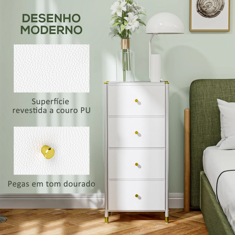 HOMCOM Cómoda para Dormitório Cómoda de Tecido com 4 Gavetas Dobráveis com Frentes de Couro PU 46x30x98 cm Branco