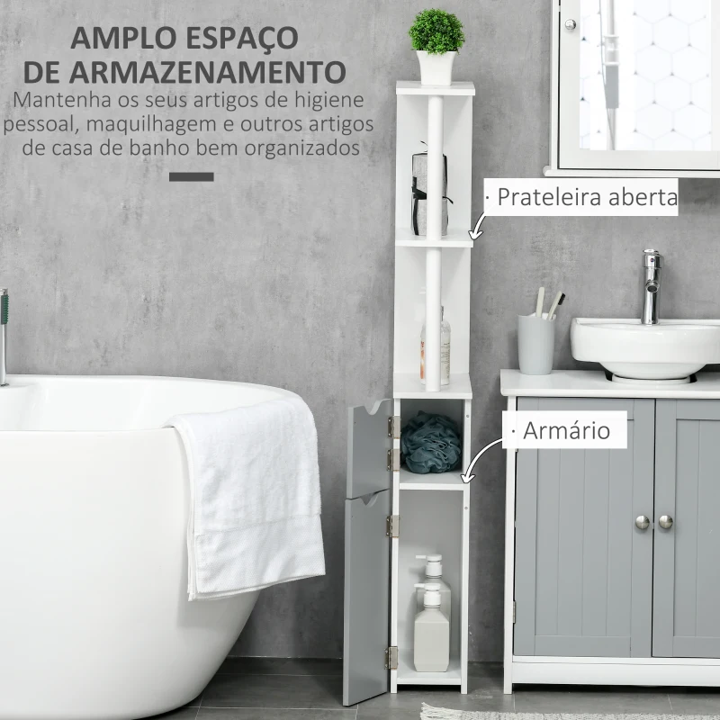 kleankin Coluna Casa de Banho com 2 Portas e 2 Prateleiras Abertas Estilo Moderno 15,2x29,8x118cm Branco e Cinza