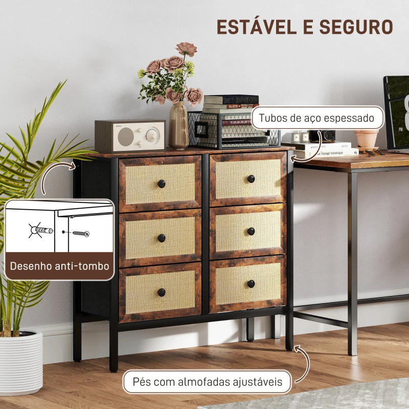 HOMCOM Cómoda para Dormitório Cómoda de Tecido com 6 Gavetas Dobráveis com Frentes de Vime 88x30x83 cm Marrom Rústico