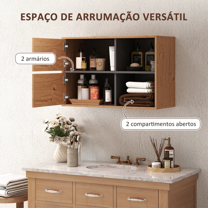 HOMCOM Móvel Auxiliar Casa de Banho Móvel para Casa de Banho de Parede com Compartimentos Abertos e 2 Portas 80x35x57,5 cm Madeira
