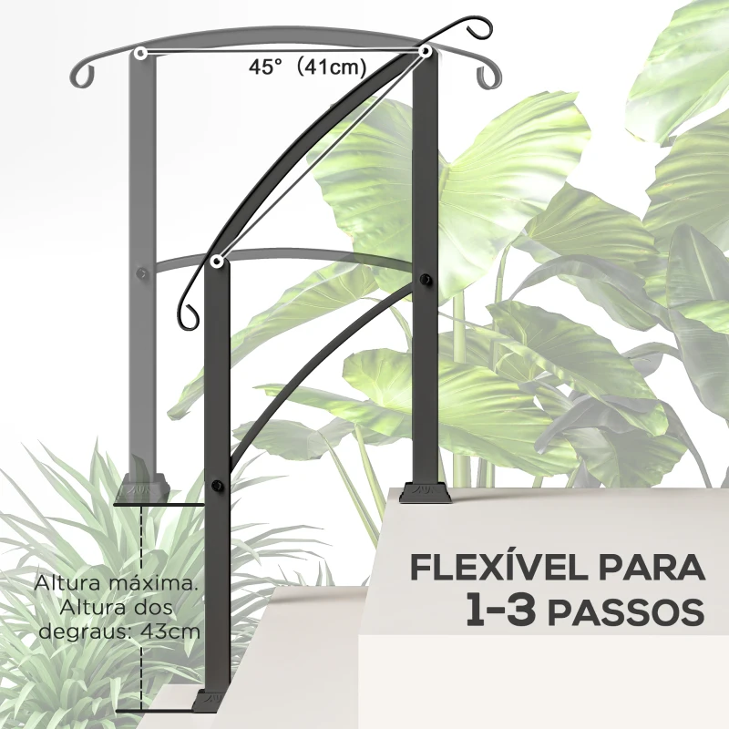 Outsunny Guarda Corpo para Escada 71 cm Guarda Corpo Metálico com Kit de Instalação Ângulo Ajustável para 1-3 Degraus 71x8x148 cm Preto