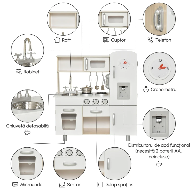 HOMCOM Bucatarie Jucarie din Lemn pentru Copii, cu Oale si Ustensile din Otel