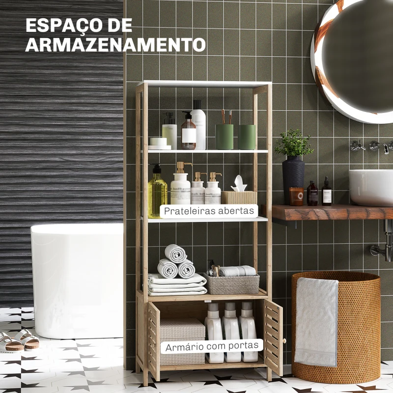 HOMCOM Estante para Casa de Banho de Bambu com 3 Prateleiras Abertas Estante de Arrumação Casa de Banho com Portas Ripadas 63x30x138 cm Madeira e Branco