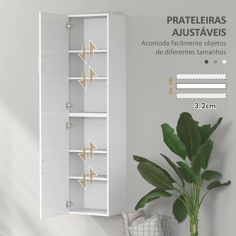HOMCOM Coluna Casa de Banho de Parede Armário Alto Casa de Banho com Prateleiras Ajustáveis e 2 Portas  40x30x160 cm Branco