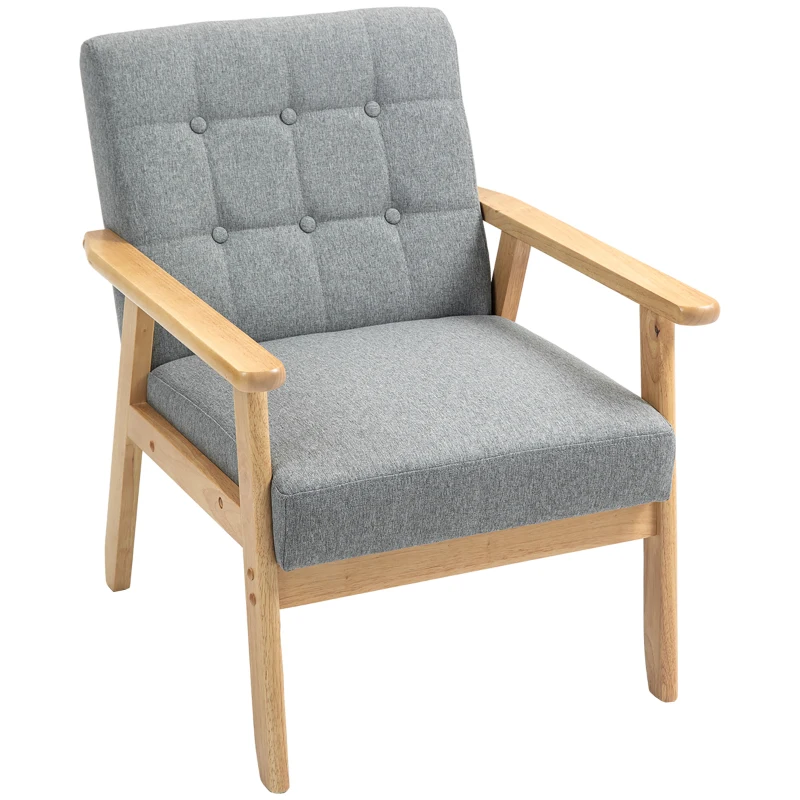 HOMCOM Poltrona Sala de Estar Estofada em Linho com Apoio para os Braços e Estrutura de Madeira de Borracha 64x75x76 cm Cinza Claro