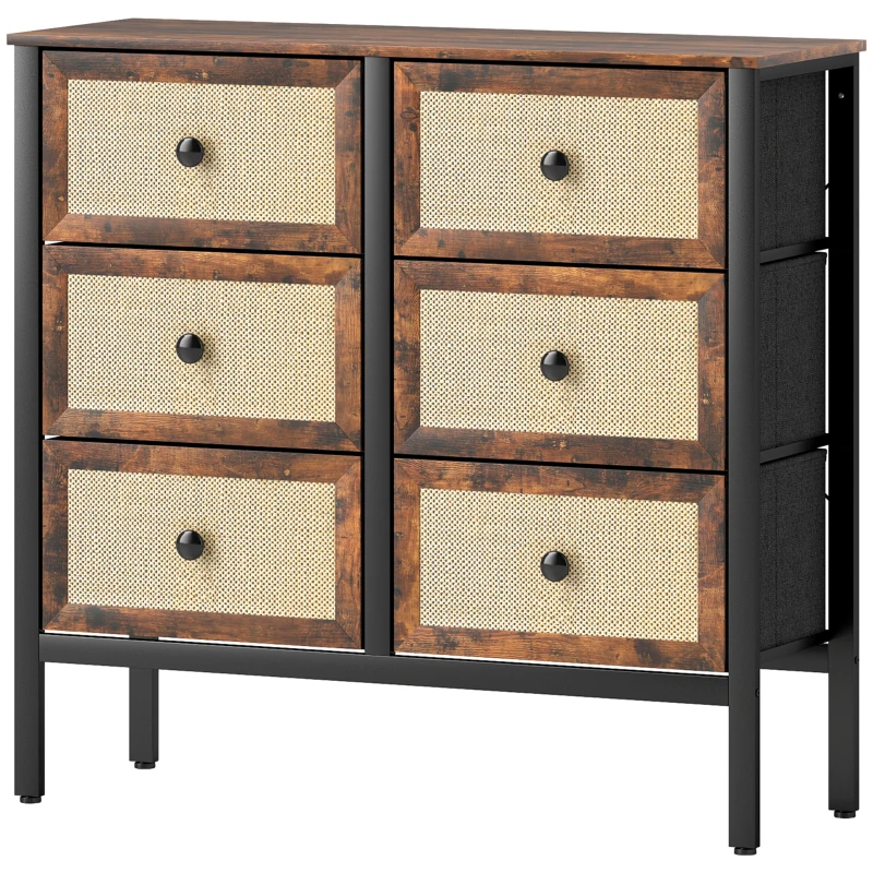 HOMCOM Cómoda para Dormitório Cómoda de Tecido com 6 Gavetas Dobráveis com Frentes de Vime 88x30x83 cm Marrom Rústico