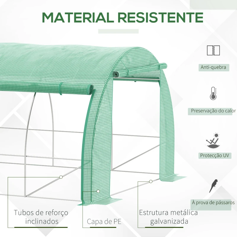 Outsunny Estufa de Túnel de Jardim 597x300x200 cm com Porta Lateriais e Janelas Enroláveis Cobertura de PE 140g/m² e Metal Galvanizado Verde