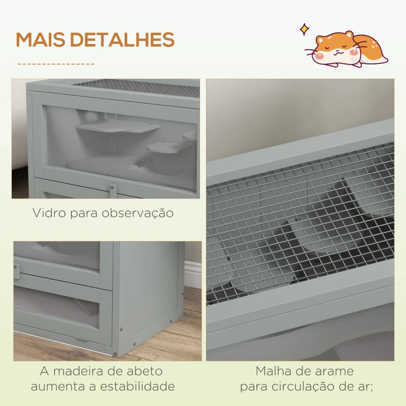 PawHut Gaiola de Madeira para Hamsters Gaiola para Roedores Gaiola para Pequenos Animais com 2 Níveis 60x35x42 cm Cinza