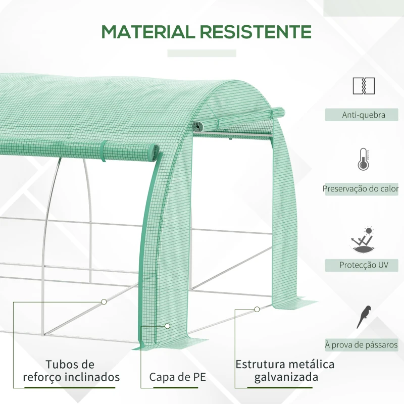 Outsunny Estufa de Túnel de Jardim 397x300x200 cm com Porta Lateriais e Janelas Enroláveis Cobertura de PE 140g/m² e Metal Galvanizado Verde
