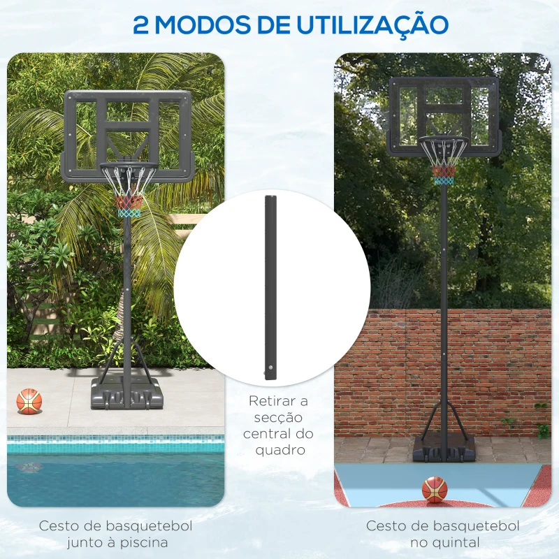 SPORTNOW Tabela de Basquetebol com Altura Ajustável 230-305 cm para Piscina com Rodas e Base Preenchível 110x75x195-370 cm Preto