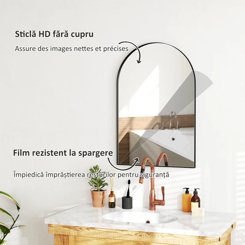 HOMCOM Oglindă de Baie în Formă de Arc și Ramă din Aluminiu, Oglindă Decorativă, 60x3x90 cm, Negru