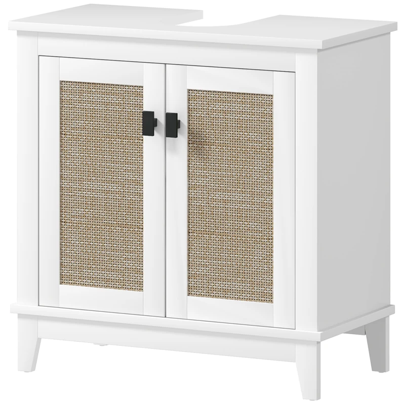 HOMCOM Móvel para Lavatório Pousar com 2 Portas de Vime PE 2 Prateleiras e Sistema Anti-Tombo para Casa de Banho 60x30x30 cm Branco