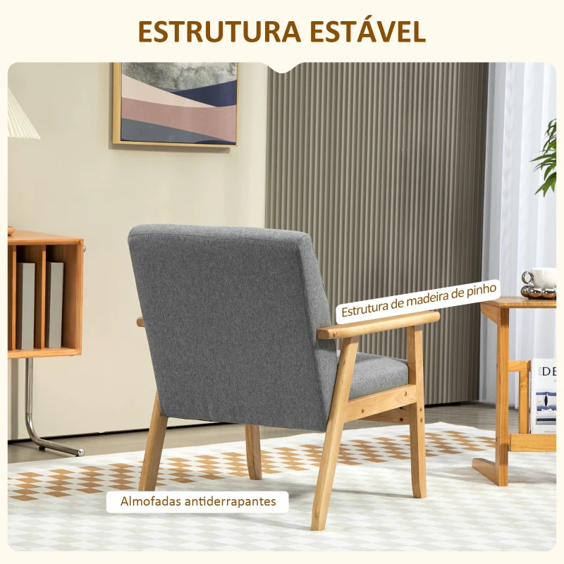 HOMCOM Poltrona Sala de Estar Estofada em Linho com Apoio para os Braços e Estrutura de Madeira de Borracha 64x75x76 cm Cinza Claro