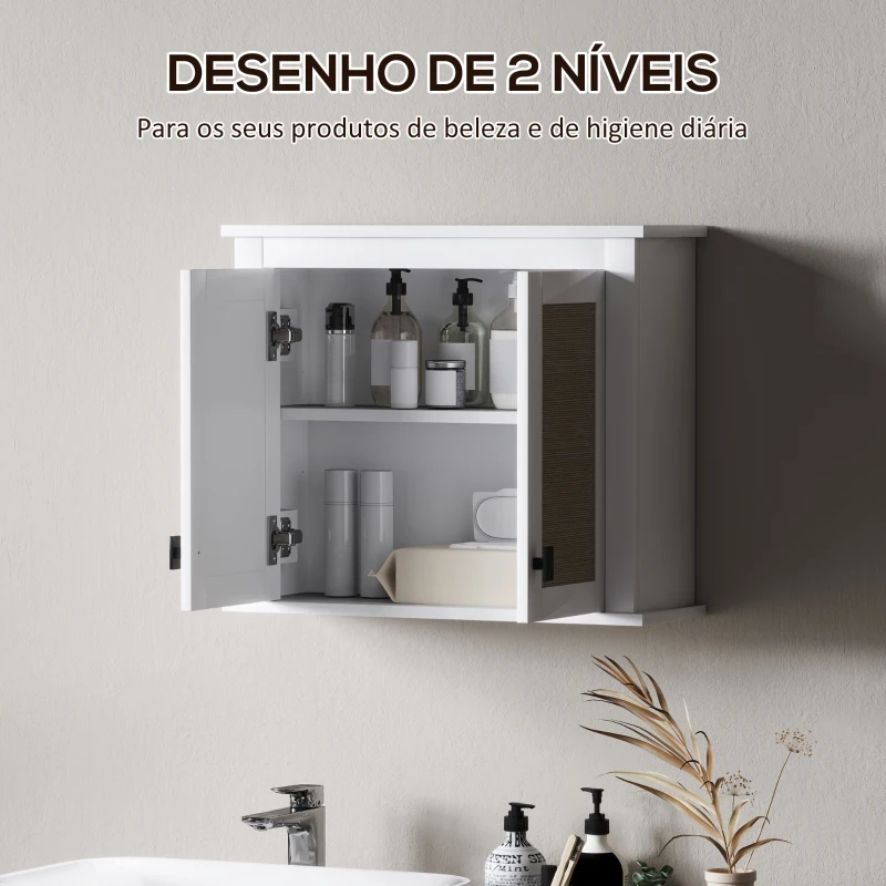 HOMCOM Armário de Parede para Casa de Banho com 2 Portas de Vime PE Prateleira Ajustável 60x19,5x49,4 cm Branco