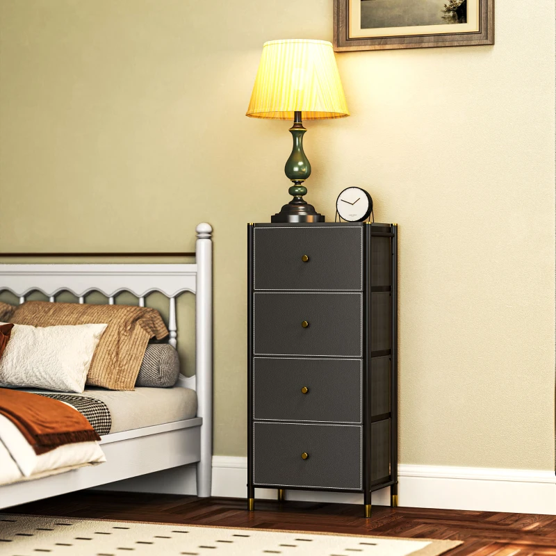 HOMCOM Cómoda para Dormitório Cómoda de Tecido com 4 Gavetas Dobráveis com Frentes de Couro PU 46x30x98 cm Preto