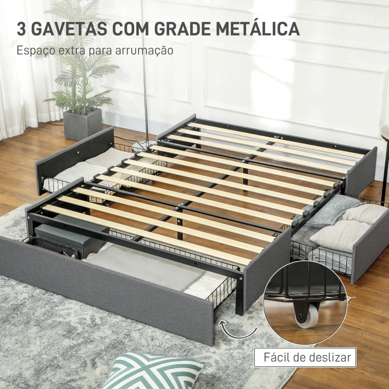 HOMCOM Estrutura de Cama Dupla 140x190 cm Estrutura Cama de Casal com 3 Gavetas e Estrutura de Metal Carga 363 kg Cinza