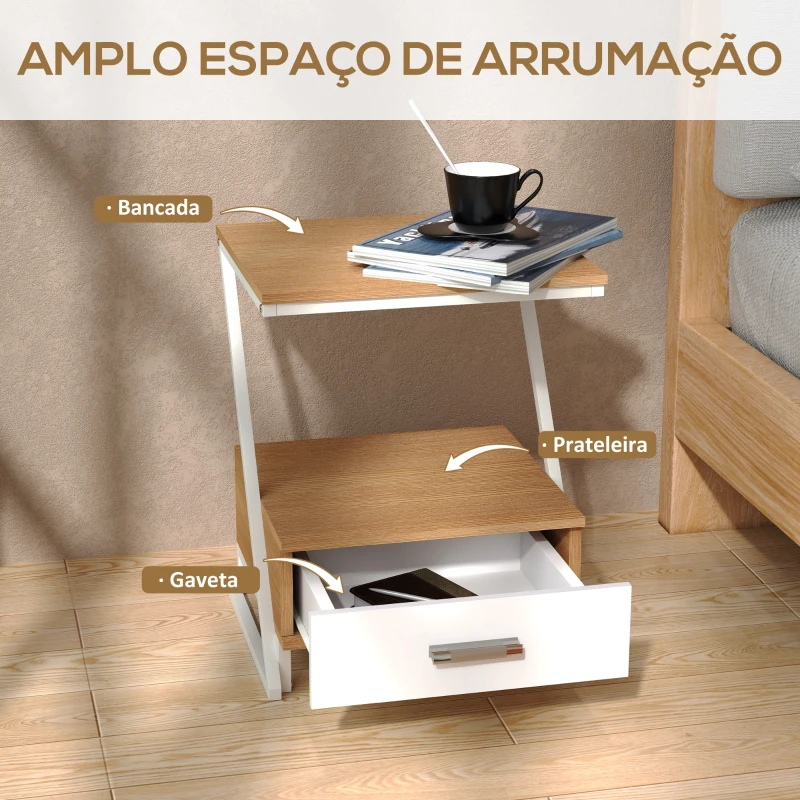 HOMCOM Conjunto de 2 Mesas Cabeceira Mesas Auxiliares em Forma de Z com Gaveta e Compartimento 40x35x50 cm Madeira e Branco
