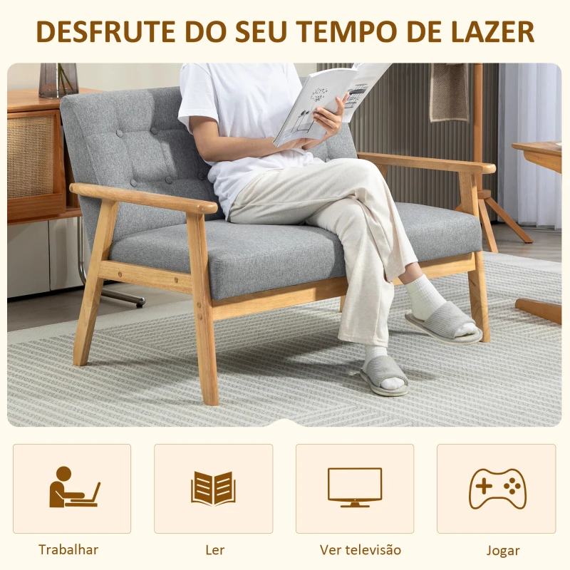HOMCOM Sofá 2 Lugares Estofado em Linho com Apoio para os Braços de Madeira Encosto Acolchoado 114x75x76 cm Cinza Claro