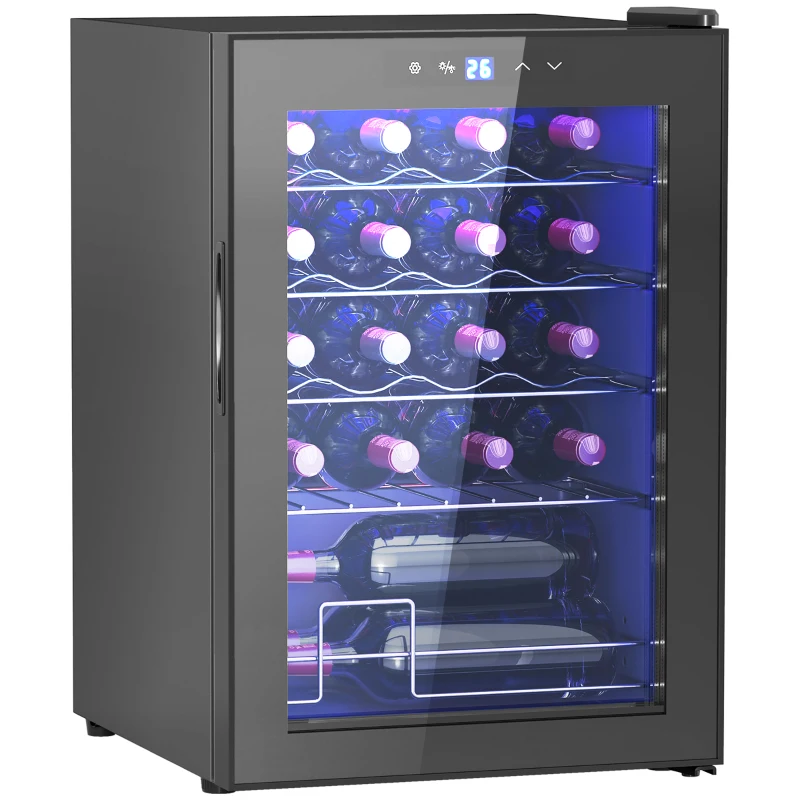 HOMCOM Kleine Wijnkoelkast, Mini-Koelkast voor 20 Flessen, 53 Liter Capaciteit, met Glazen Deur, LED-Verlichting, Zwart(m-10)