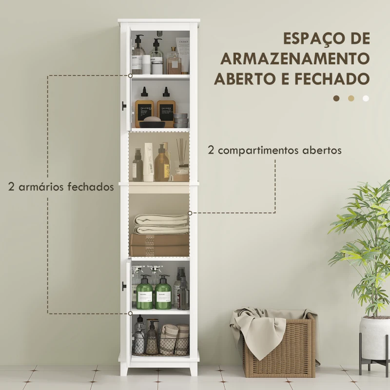 HOMCOM Coluna Casa de Banho com Prateleira Ajustável 2 Portas em Vime e 2 Compartimentos Estilo Boho 40x30x167,5 cm Branco