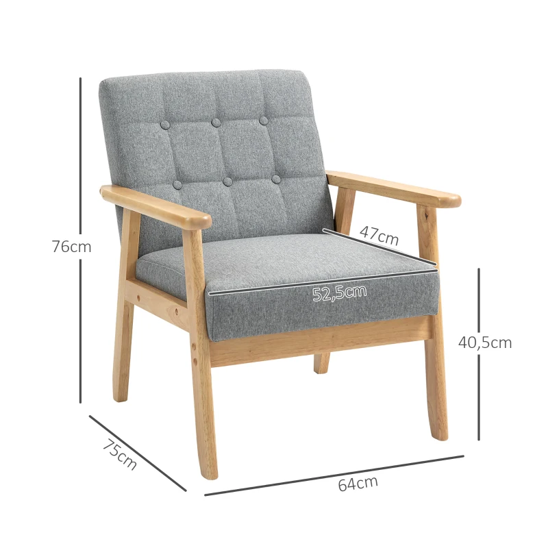 HOMCOM Poltrona Sala de Estar Estofada em Linho com Apoio para os Braços e Estrutura de Madeira de Borracha 64x75x76 cm Cinza Claro