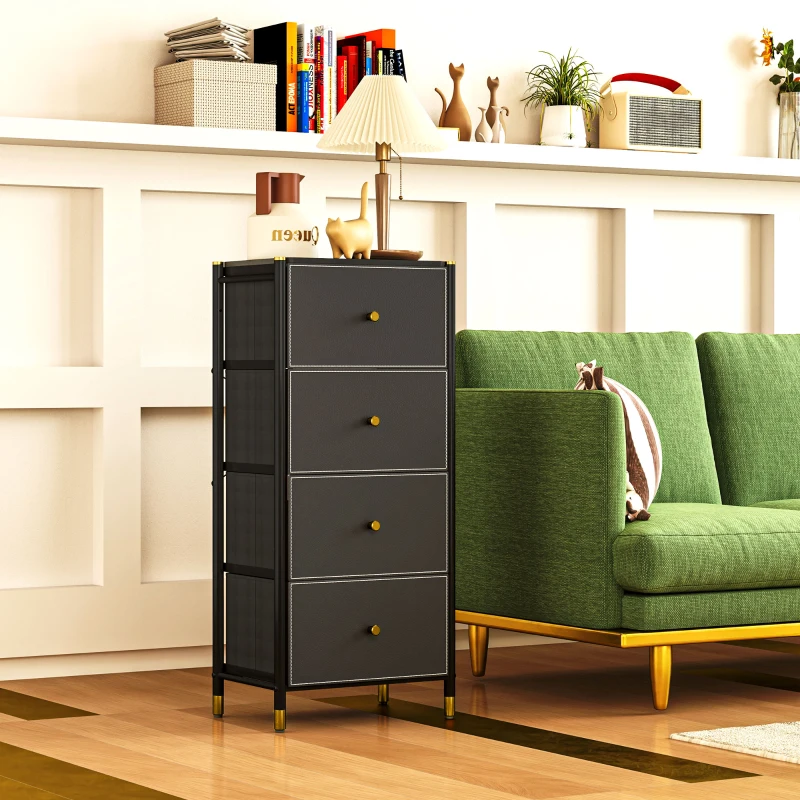 HOMCOM Cómoda para Dormitório Cómoda de Tecido com 4 Gavetas Dobráveis com Frentes de Couro PU 46x30x98 cm Preto