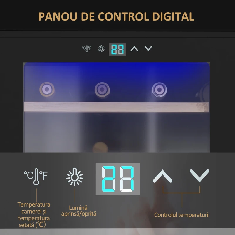 HOMCOM Frigider de Vinuri pentru 24 de Sticle de Sine Statator cu Usa de Sticla Frigider de 65 de litri cu o Singura Zona de Racire a Vinurilor cu Comenzi Digitale cu Ecran Tactil si Lumina LED Negru