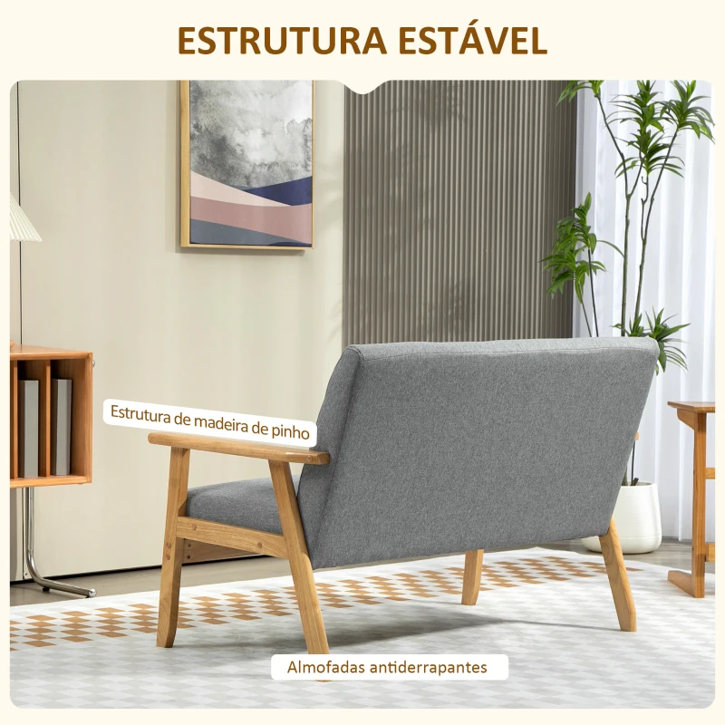 HOMCOM Sofá 2 Lugares Estofado em Linho com Apoio para os Braços de Madeira Encosto Acolchoado 114x75x76 cm Cinza Claro