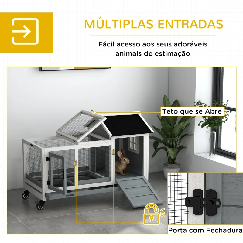 PawHut Coelheira de Madeira com Rodas para 1-2 Coelhos com Teto Abatível Bandeja Amovível 108x58x73,5 cm Cinza e Branco