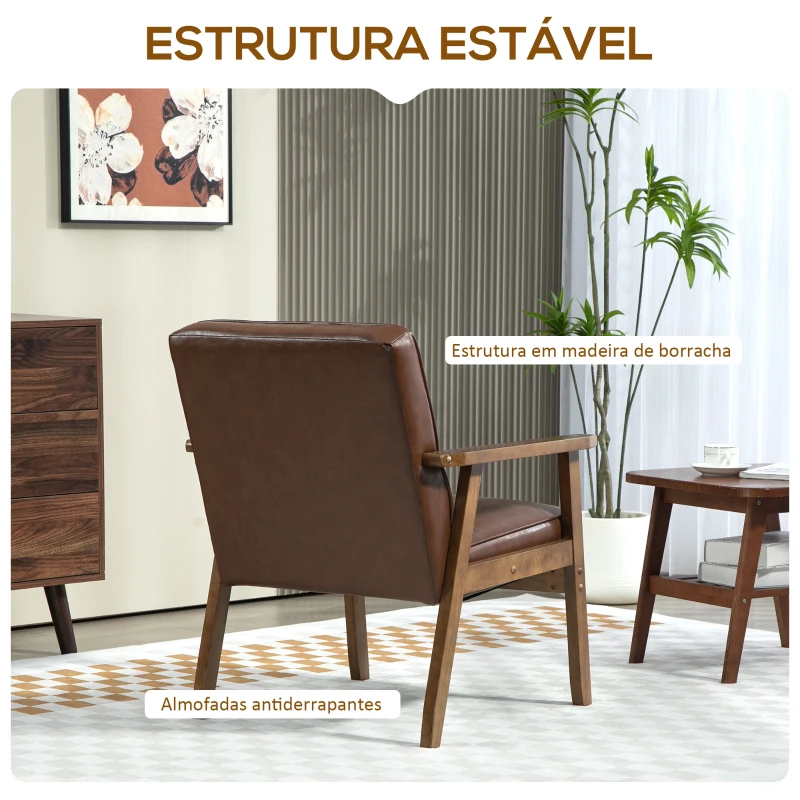 HOMCOM Poltrona Sala de Estar Estofada em PU com Apoio para os Braços e Estrutura de Madeira de Borracha 64x66x80 cm Marrom
