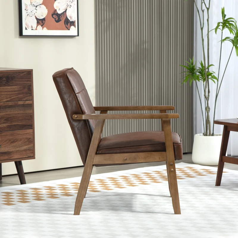 HOMCOM Poltrona Sala de Estar Estofada em PU com Apoio para os Braços e Estrutura de Madeira de Borracha 64x66x80 cm Marrom